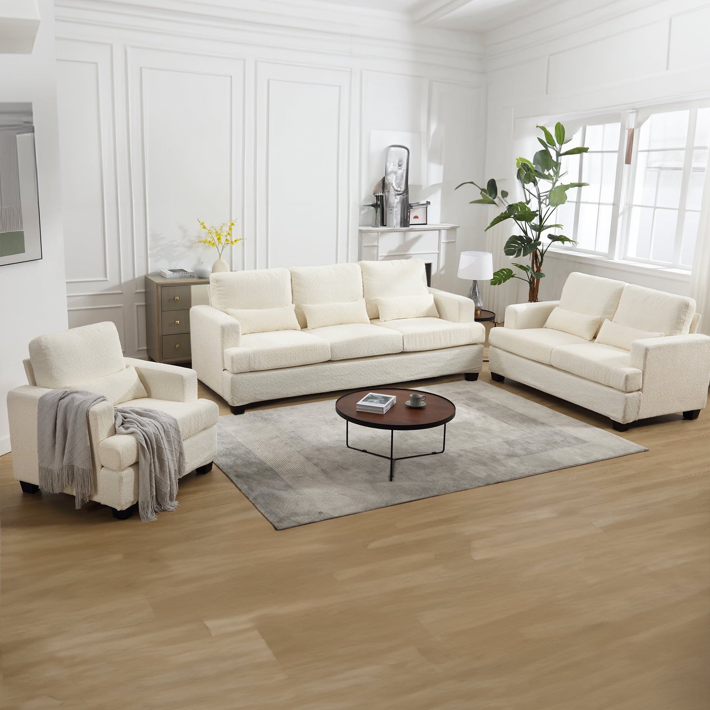 Muumblus Modern Single Sofa Chair, 37" Small Couch with 1 Waist Pillow, Removable Back Cushion, Living Room Set, White Fabric
