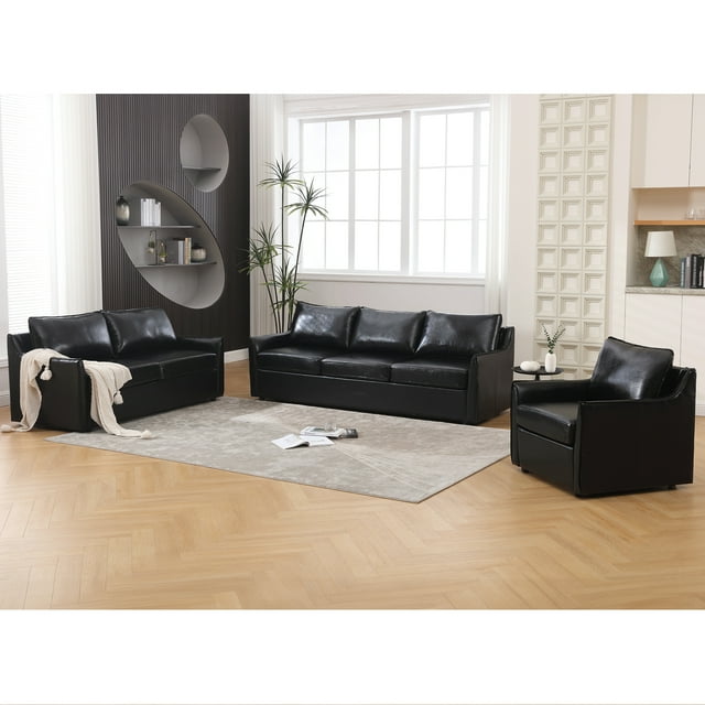 Muumblus 2 Pieces Modern Mid-Century Living Room Sofa Sets, Loveseat Sofa and 3 Seater Sofa Couch, Brown Faux Leather