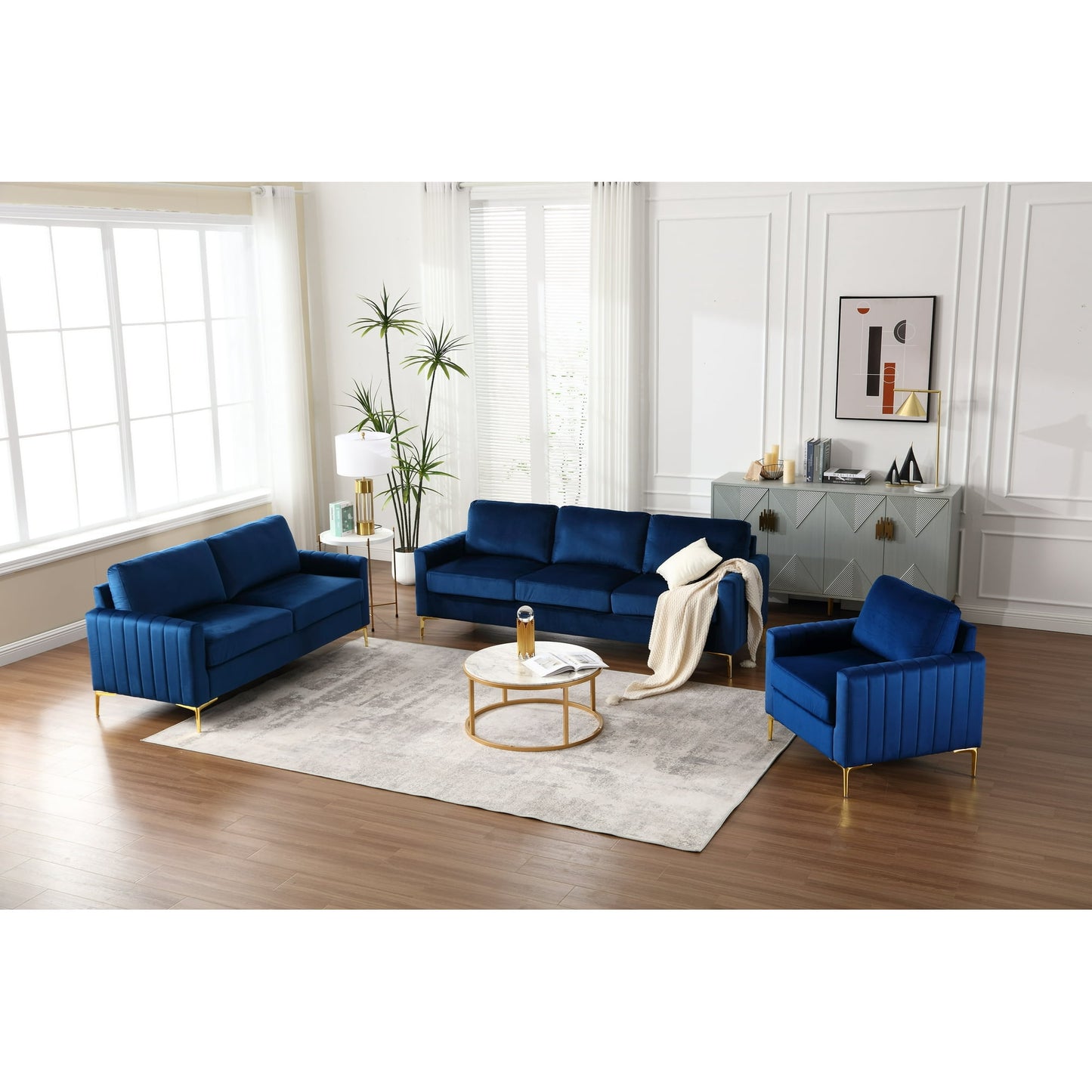 Muumblus 3 Pieces Velvet Living Room Furniture Sets, Modern 1 Seater Sofa Chair and 2 Seater Loveseat Sofa and 3 Seater Sofa Couch, Green