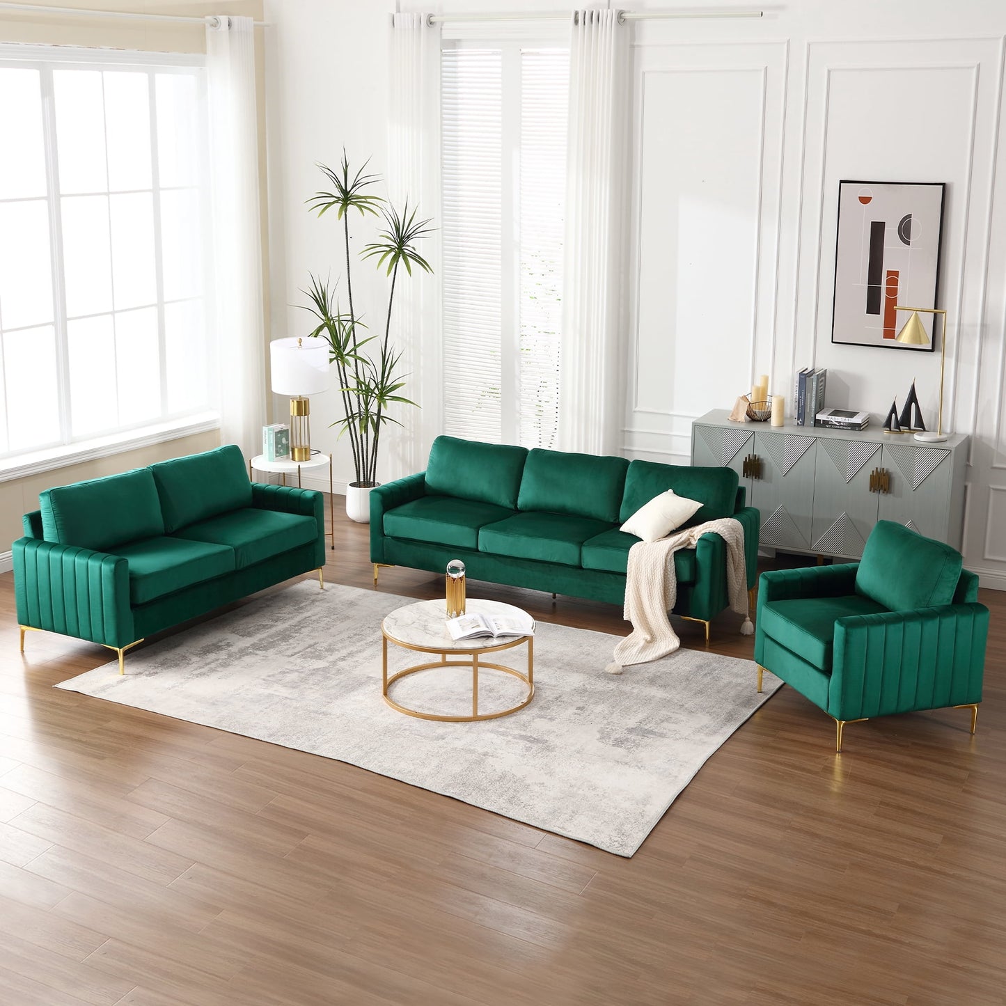 Muumblus 3 Pieces Velvet Living Room Furniture Sets, Modern 1 Seater Sofa Chair and 2 Seater Loveseat Sofa and 3 Seater Sofa Couch, Green