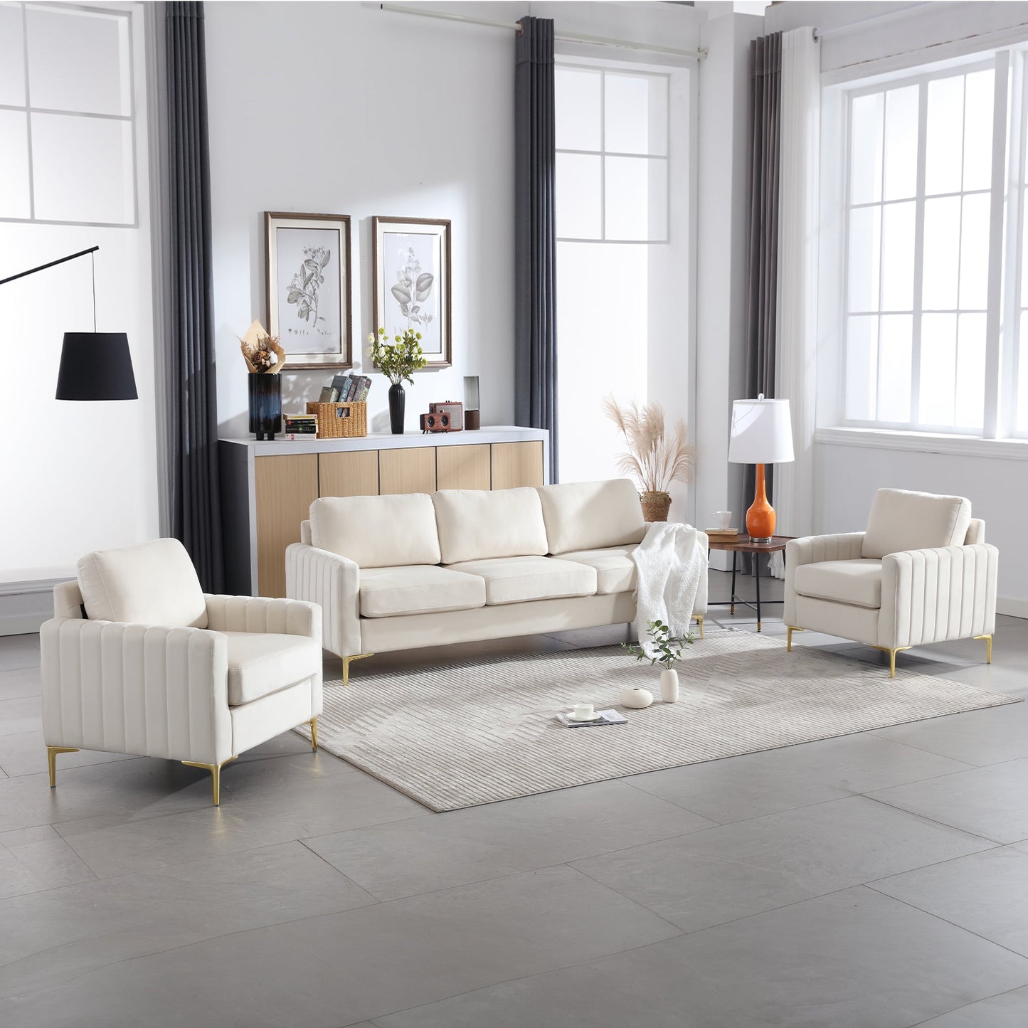 Muumblus 3 Pieces Velvet Living Room Furniture Sets, Modern Two Single Sofa Chairs and One 3-Seater Sofa Couch