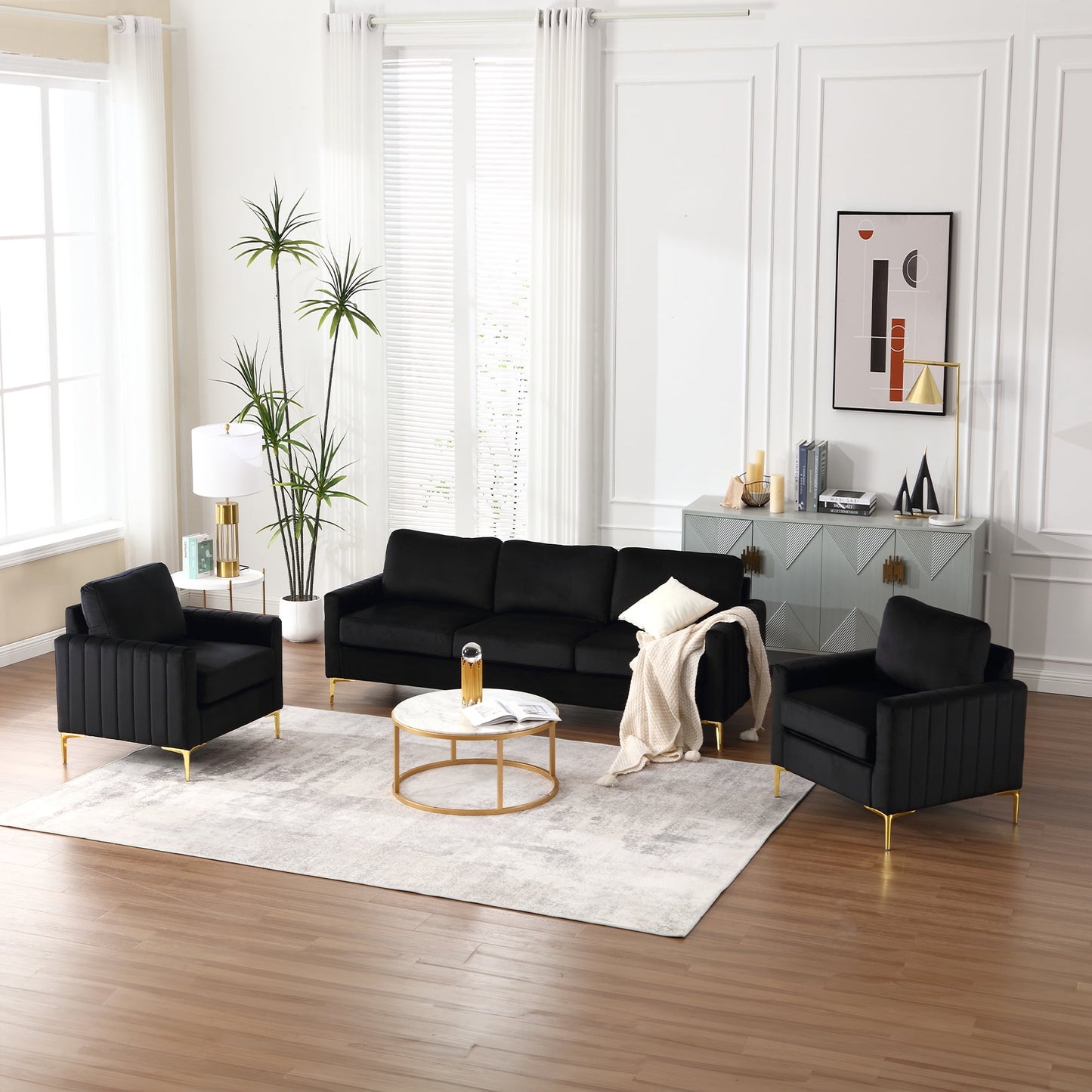 Muumblus 3 Pieces Velvet Living Room Furniture Sets, Modern Two Single Sofa Chairs and One 3-Seater Sofa Couch