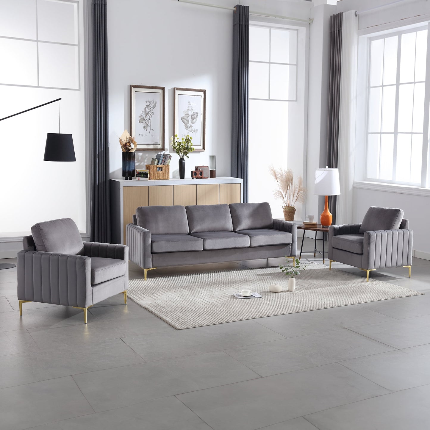 Muumblus 3 Pieces Velvet Living Room Furniture Sets, Modern Two Single Sofa Chairs and One 3-Seater Sofa Couch
