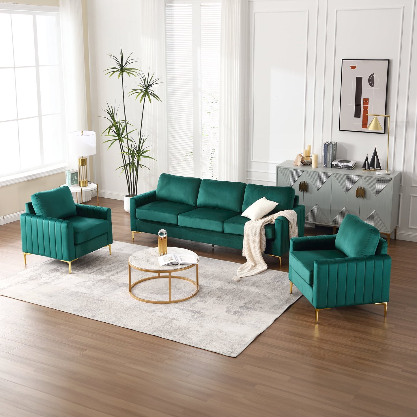 Muumblus 3 Pieces Velvet Living Room Furniture Sets, Modern Two Single Sofa Chairs and One 3-Seater Sofa Couch