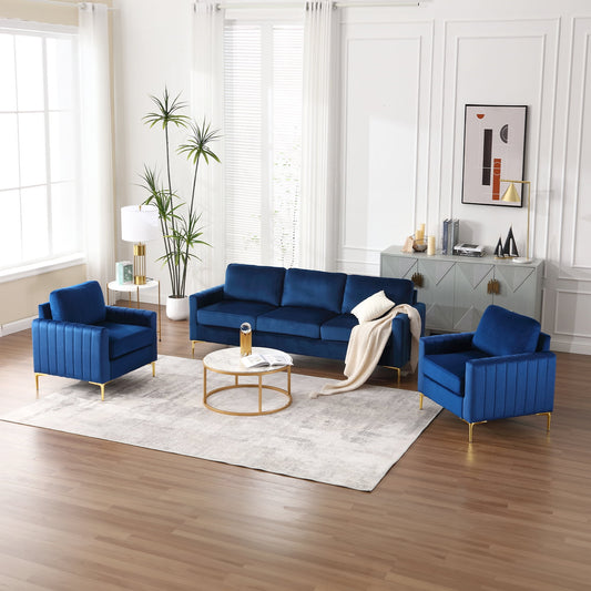 Muumblus 3 Pieces Velvet Living Room Furniture Sets, Modern Two Single Sofa Chairs and One 3-Seater Sofa Couch