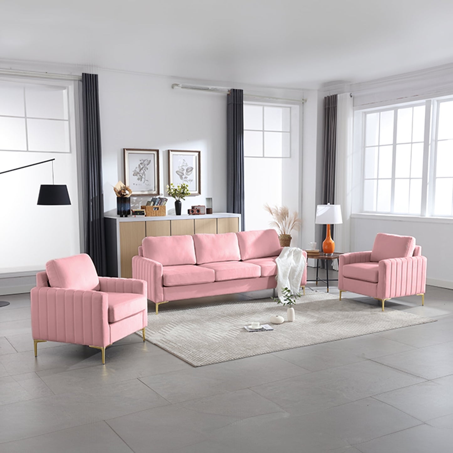 Muumblus 3 Pieces Velvet Living Room Furniture Sets, Modern Two Single Sofa Chairs and One 3-Seater Sofa Couch