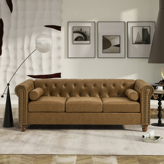 Muumblus 3-Seater Sofa for Living Room, 80.3" Chesterfield Tufted Sofa Couch, Brown Faux Leather