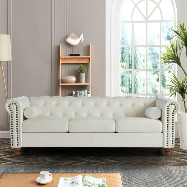 Muumblus 3-Seater Sofa for Living Room, 80.3" Chesterfield Tufted Sofa Couch, Brown Faux Leather
