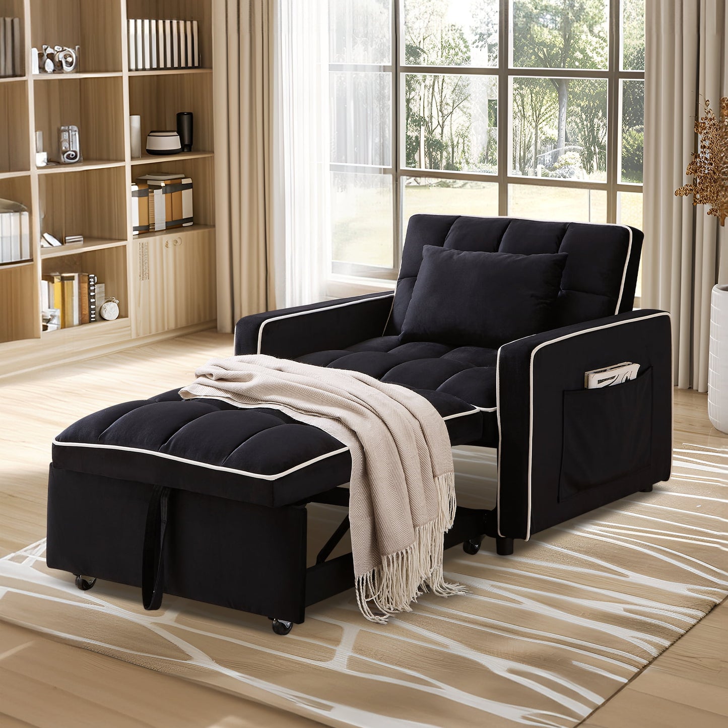 Muumblus 3-in-1 Convertible Chair Bed, Sleeper Chair Lounge Chair Indoor, Modern Single Pull Out Couch for Living Room, Black Velvet