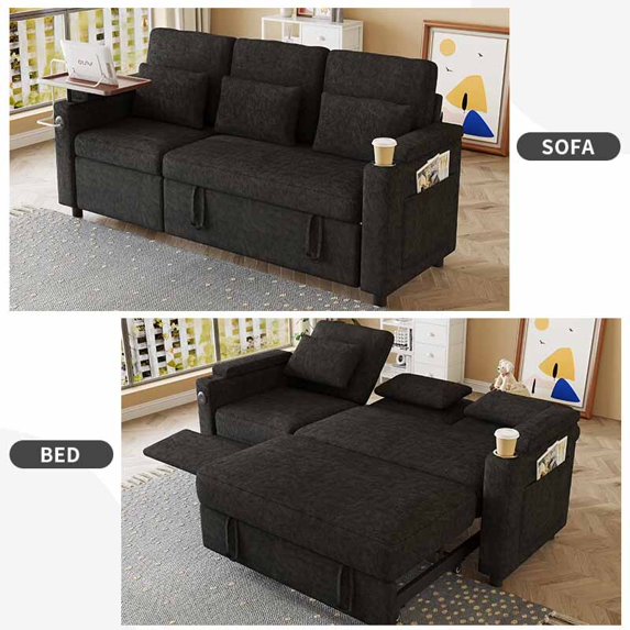 Muumblus 3-in-1 Convertible Sectional Sleeper Sofa with Recliner, Side Table & USB, 3-Seater Pull Out Couch Bed for Living Room, Black Chenille