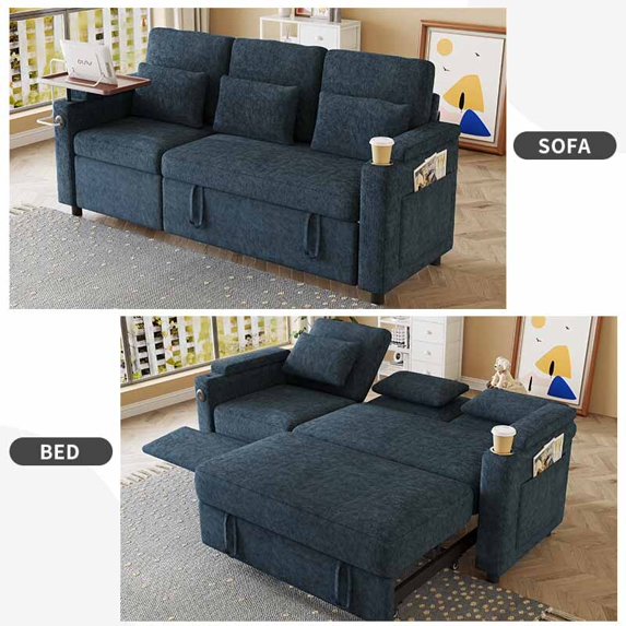 Muumblus 3-in-1 Convertible Sectional Sleeper Sofa with Recliner, Side Table & USB, 3-Seater Pull Out Couch Bed for Living Room, Black Chenille