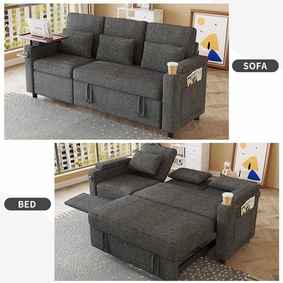 Muumblus 3-in-1 Convertible Sectional Sleeper Sofa with Recliner, Side Table & USB, 3-Seater Pull Out Couch Bed for Living Room, Black Chenille