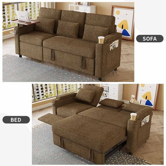 Muumblus 3-in-1 Convertible Sectional Sleeper Sofa with Recliner, Side Table & USB, 3-Seater Pull Out Couch Bed for Living Room, Black Chenille