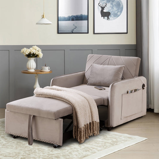 Muumblus 3-in-1 Convertible Sleeper Chair Bed, Indoor Lounge Chair with USB/Type-C Charging Ports, Modern Recliner Sofa for Living Room, Gray Velvet