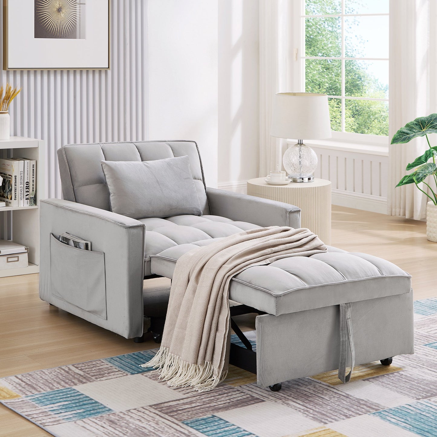 Muumblus 3-in-1 Convertible Sleeper Sofa Chair Bed for Adult, Lounge Chair Indoor, Modern Single Couch for Living Room, Small Spaces, Gray Velvet
