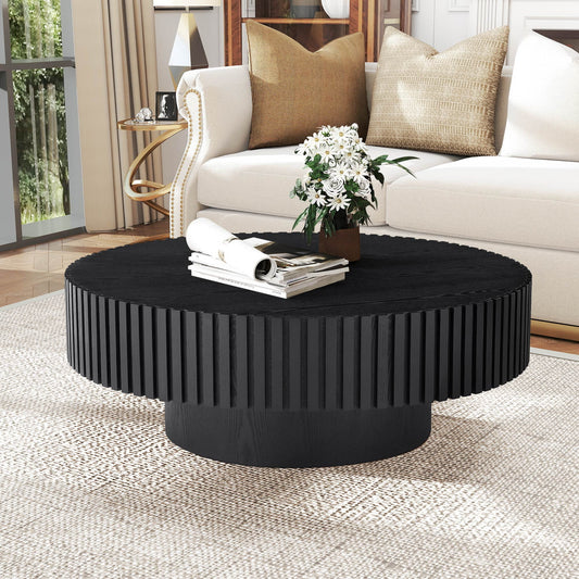 Muumblus Round Wood Coffee Table, Modern Unique Fluted Accent Center Table for Living Room, Black