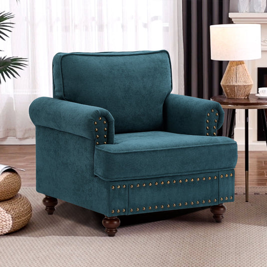 Muumblus 38" W Mid-Century Single Sofa Accent Chair with Nailhead, Chenille Comfy Upholstered Club Armchair for Living Room, Lake Green