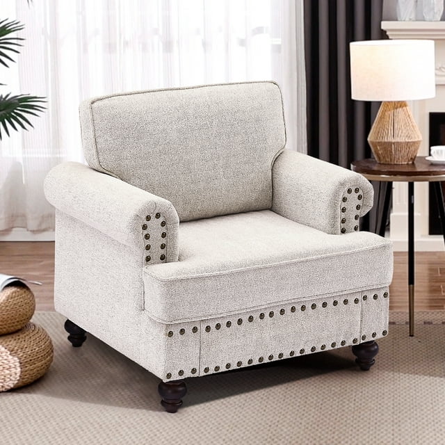 Muumblus 38" W Mid-Century Single Sofa Accent Chair with Nailhead, Chenille Comfy Upholstered Club Armchair for Living Room, Lake Green