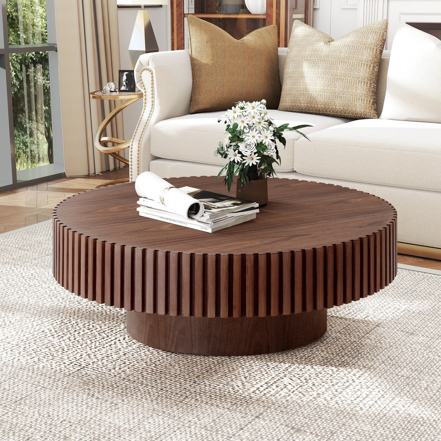 Muumblus Round Wood Coffee Table, Modern Unique Fluted Accent Center Table for Living Room, Black