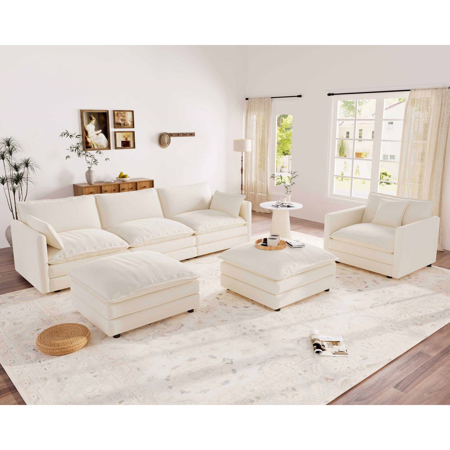 Muumblus 4 Pieces Living Room Furniture Sets, Modular L-Shaped Sofa and Chaise Lounge Chair with 2 Movable Ottoman, Beige Chenille