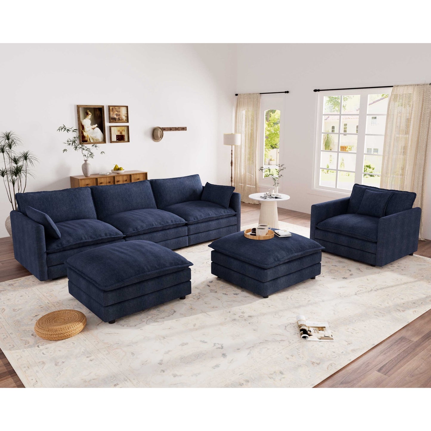 Muumblus 4 Pieces Living Room Furniture Sets, Modular L-Shaped Sofa and Chaise Lounge Chair with 2 Movable Ottoman, Beige Chenille
