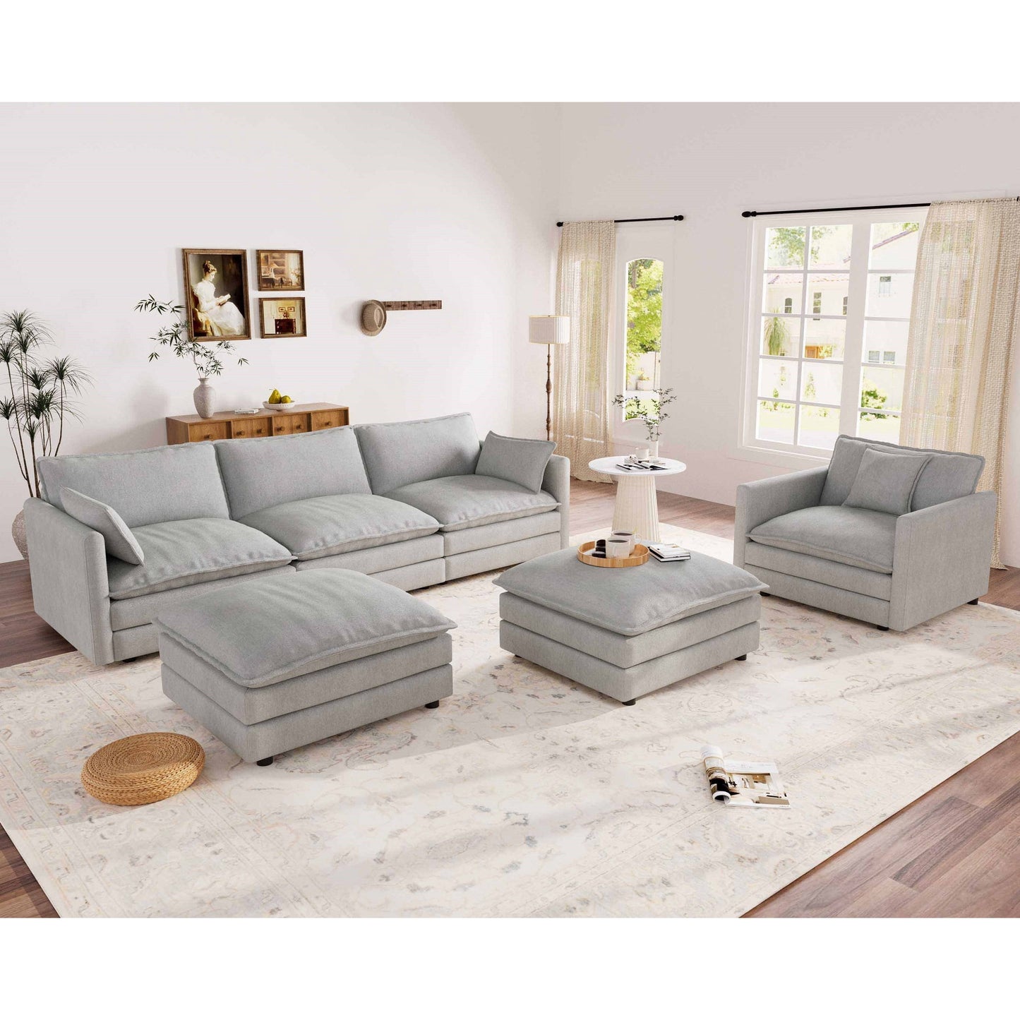Muumblus 4 Pieces Living Room Furniture Sets, Modular L-Shaped Sofa and Chaise Lounge Chair with 2 Movable Ottoman, Beige Chenille