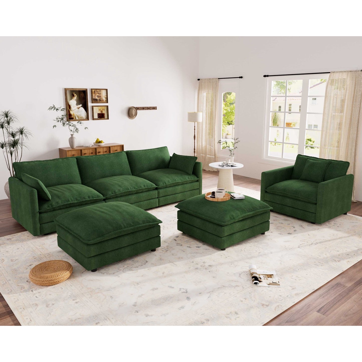 Muumblus 4 Pieces Living Room Furniture Sets, Modular L-Shaped Sofa and Chaise Lounge Chair with 2 Movable Ottoman, Beige Chenille