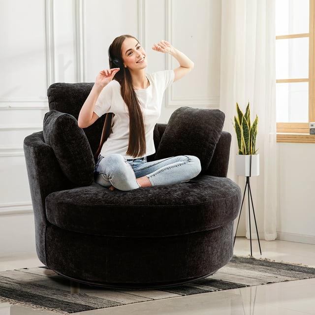 Muumblus 42.2"W Chenille Swivel Chair, Modern Oversize Accent Chair Barrel Chair Club Armchair Comfy Chair for Bedroom Living Room, Green