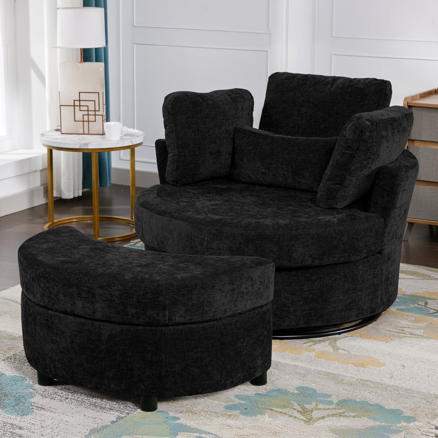 Muumblus Oversized Swivel Accent Barrel Chair with Storage Ottoman, Comfy Round Read Armchair for Living Room, Ivory