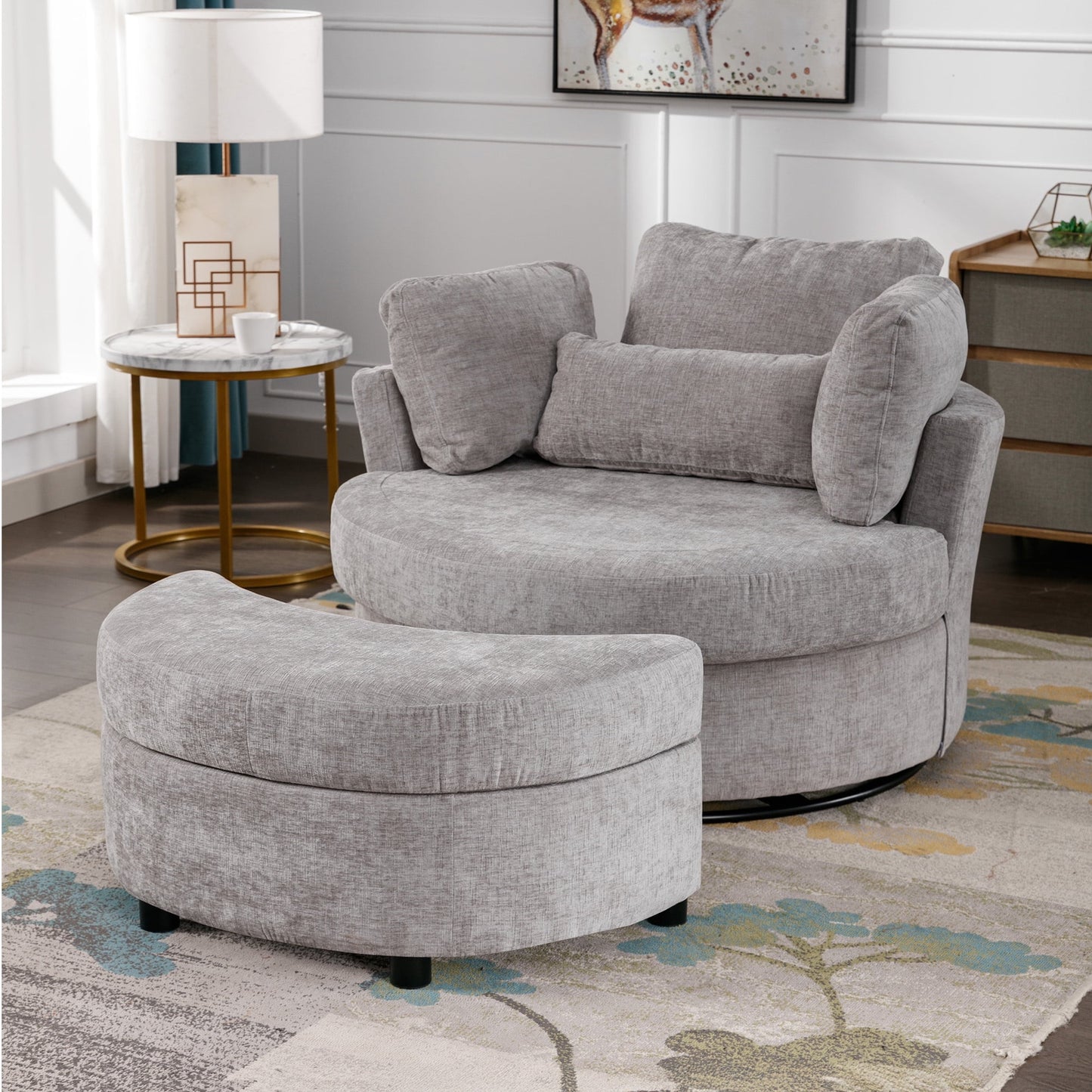 Muumblus Oversized Swivel Accent Barrel Chair with Storage Ottoman, Comfy Round Read Armchair for Living Room, Ivory