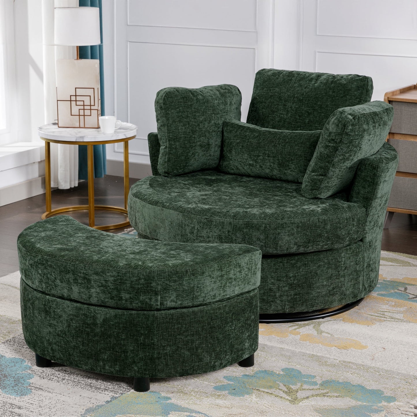 Muumblus Oversized Swivel Accent Barrel Chair with Storage Ottoman, Comfy Round Read Armchair for Living Room, Ivory
