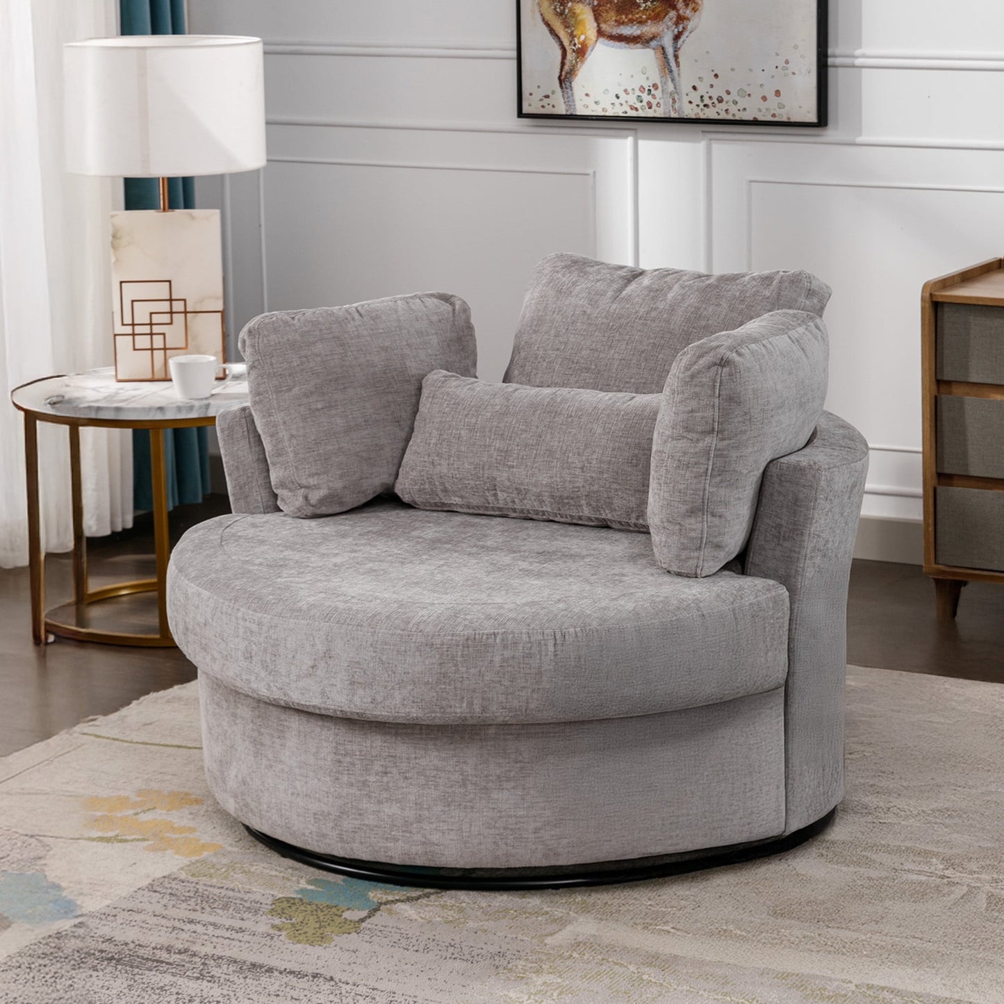 Muumblus Oversized Swivel Accent Barrel Chair with Storage Ottoman, Comfy Round Read Armchair for Living Room, Ivory