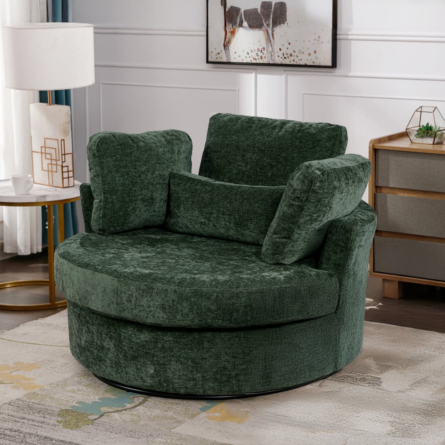 Muumblus Oversized Swivel Accent Barrel Chair with Storage Ottoman, Comfy Round Read Armchair for Living Room, Ivory