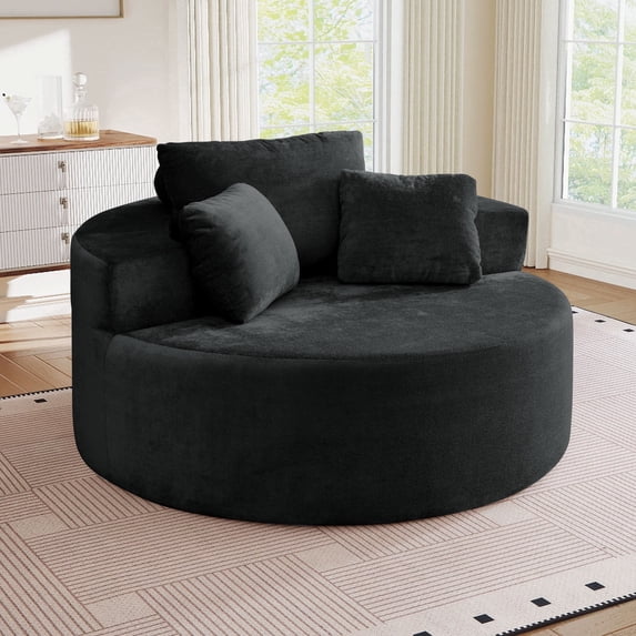 Muumblus Oversized Round Lounge Chaise Chair Indoor,Corduroy Boneless Cloud Couch with 3 Pillows, No Assembly Required, Modern Accent Chair for Living Room, Beige Chenille
