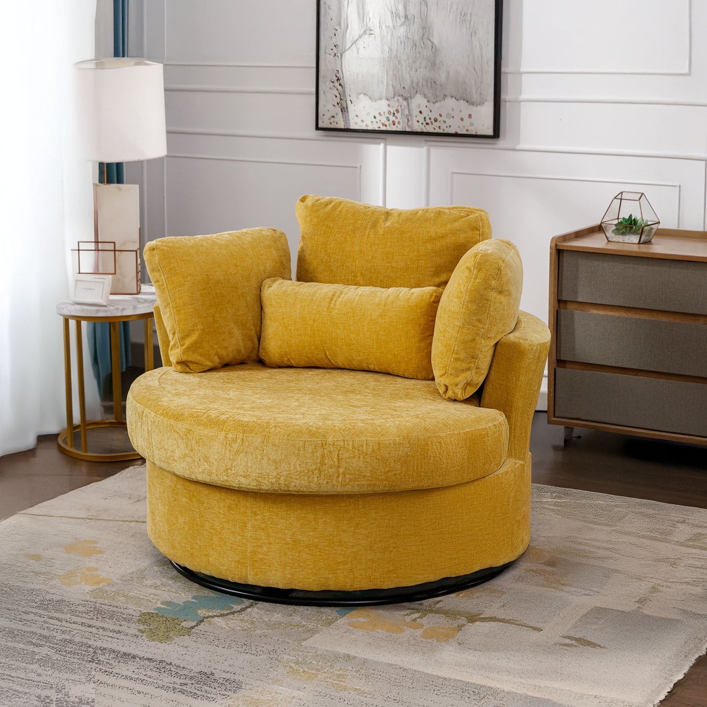 Muumblus Oversized Swivel Accent Barrel Chair with Storage Ottoman, Comfy Round Read Armchair for Living Room, Ivory