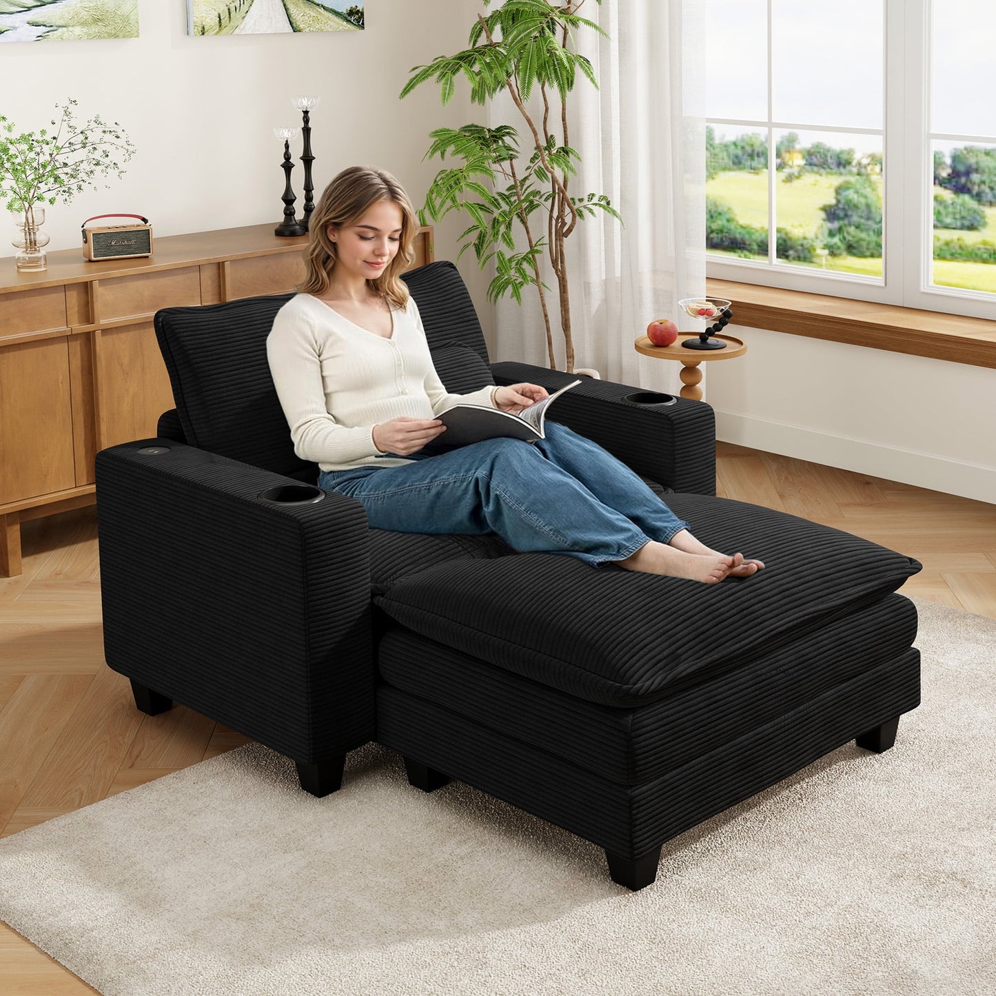 Muumblus 41.7" Oversized Lounge Accent Chair with Ottoman, Indoor Comfy Corduroy Armchair with USB, Beige