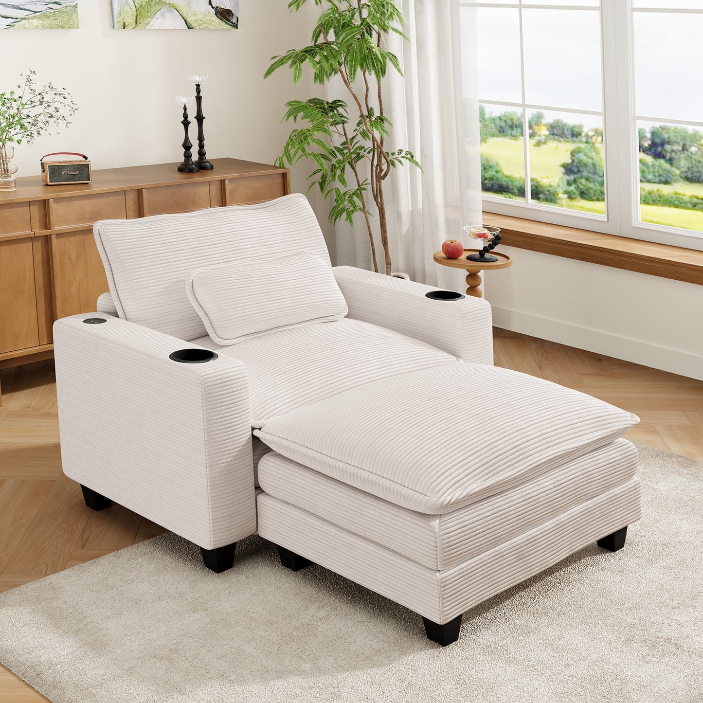 Muumblus 41.7" Oversized Lounge Accent Chair with Ottoman, Indoor Comfy Corduroy Armchair with USB, Beige