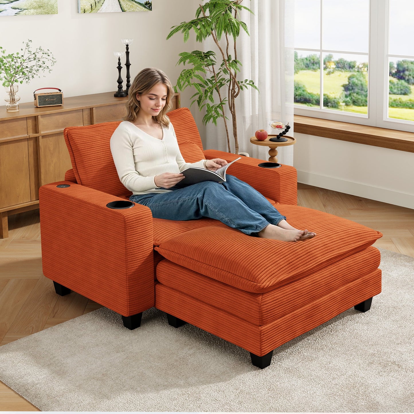 Muumblus 41.7" Oversized Lounge Accent Chair with Ottoman, Indoor Comfy Corduroy Armchair with USB, Beige