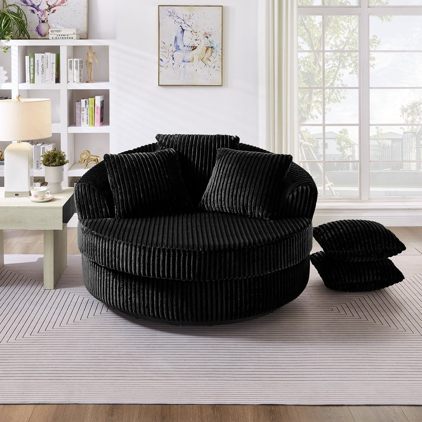 Muumblus 50" Oversized Swivel Accent Barrel Chair, Modern Lounge Chair Indoor, Round Reading Armchair for Living Room, Black Corduroy
