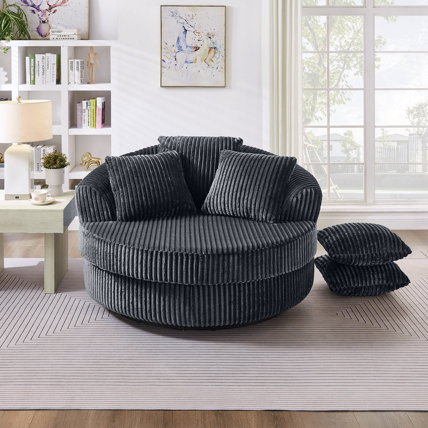 Muumblus 50" Oversized Swivel Accent Barrel Chair, Modern Lounge Chair Indoor, Round Reading Armchair for Living Room, Black Corduroy