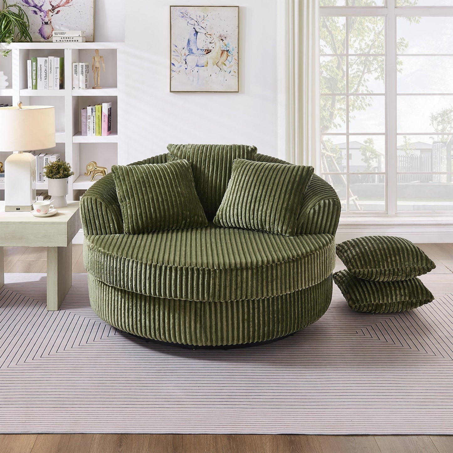 Muumblus 50" Oversized Swivel Accent Barrel Chair, Modern Lounge Chair Indoor, Round Reading Armchair for Living Room, Black Corduroy