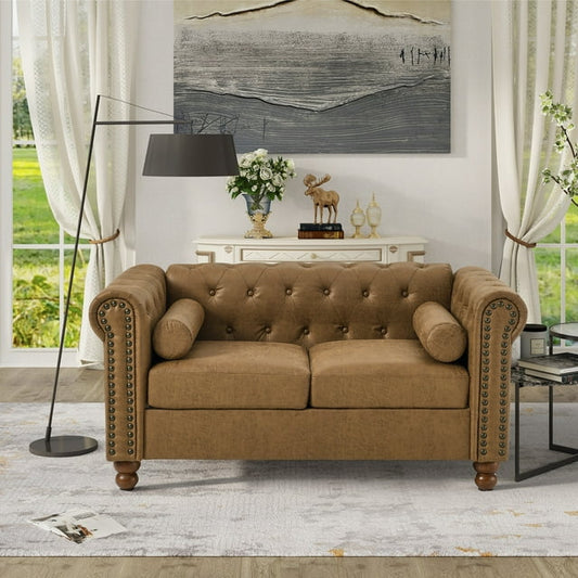 Muumblus 58" Loveseat Sofa for Living Room, Chesterfield Tufted Small Couch in Brown Faux Leather