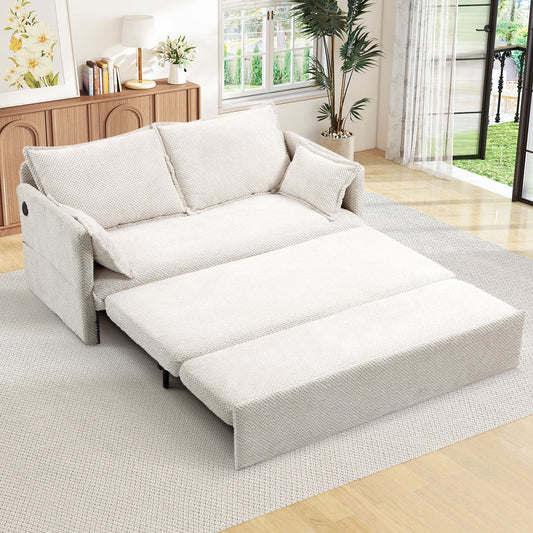 Muumblus  Futon Sofa Bed, Convertible Couch Bed with USB, Corduroy Loveseat Sleeper for Small Spaces, Beige