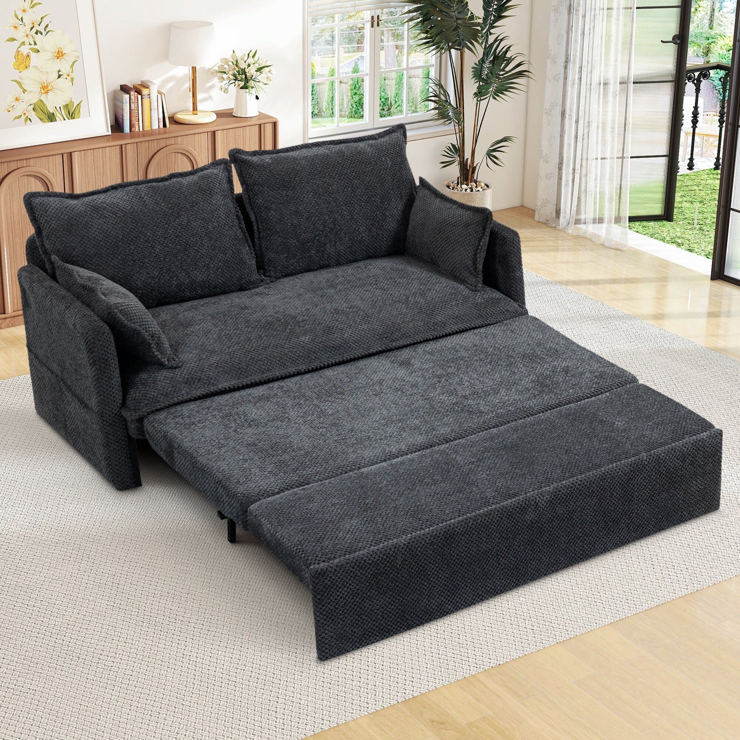 Muumblus  Futon Sofa Bed, Convertible Couch Bed with USB, Corduroy Loveseat Sleeper for Small Spaces, Beige