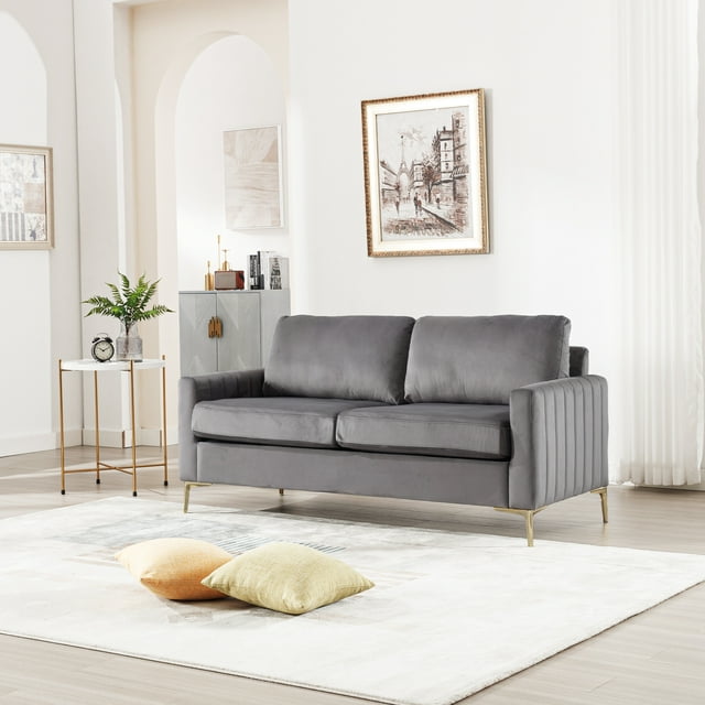 Muumblus 65 inch Loveseat Sofa, 2 Seater Sofa for Small Space, Tufted Velvet Couch, Mid Century Modern Small Couches for Living Room, Bedroom, Beige