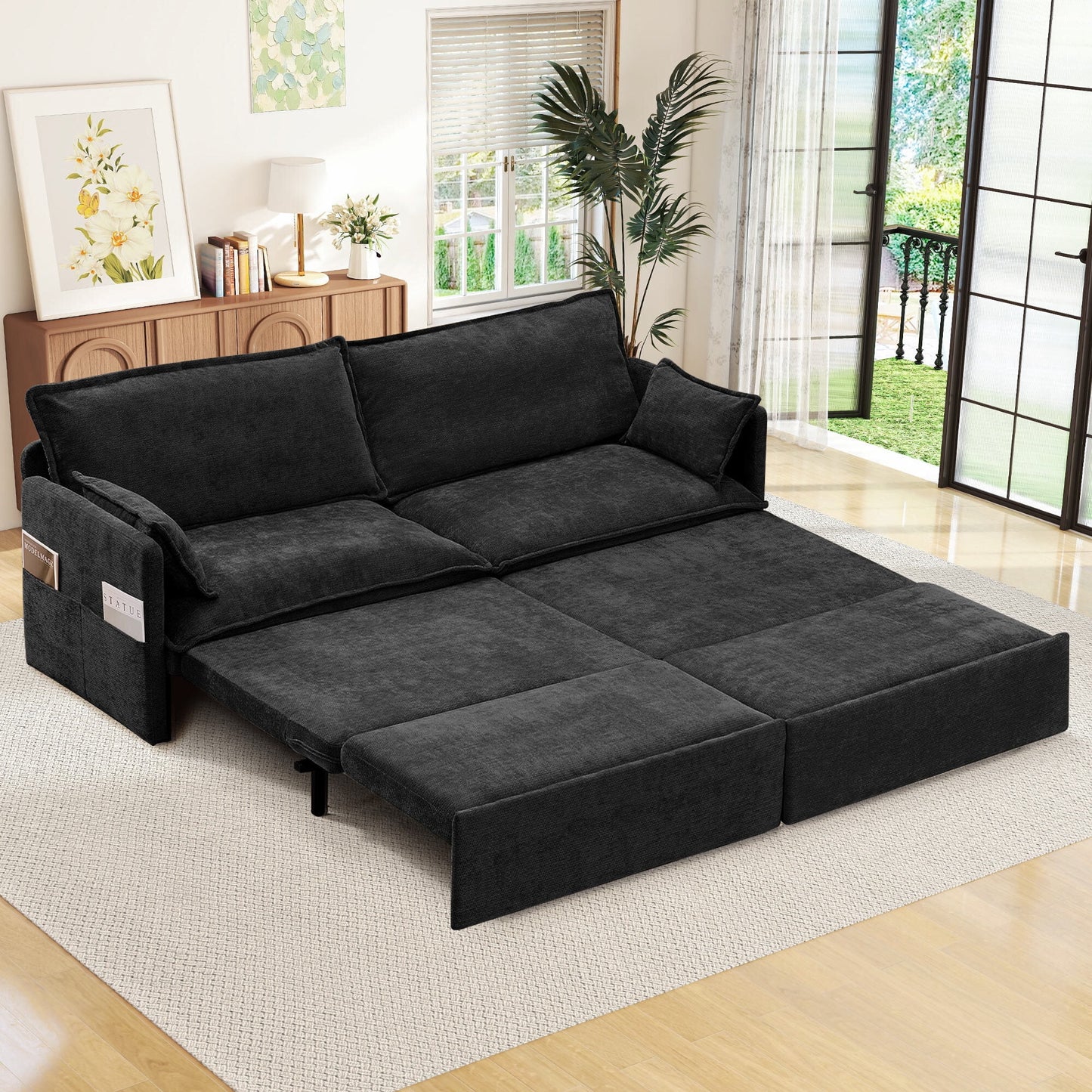 Muumblus  Futon Sofa Bed, Convertible Couch Bed with USB, Corduroy Loveseat Sleeper for Small Spaces, Beige