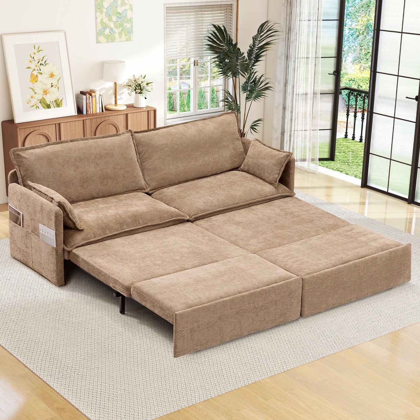Muumblus  Futon Sofa Bed, Convertible Couch Bed with USB, Corduroy Loveseat Sleeper for Small Spaces, Beige