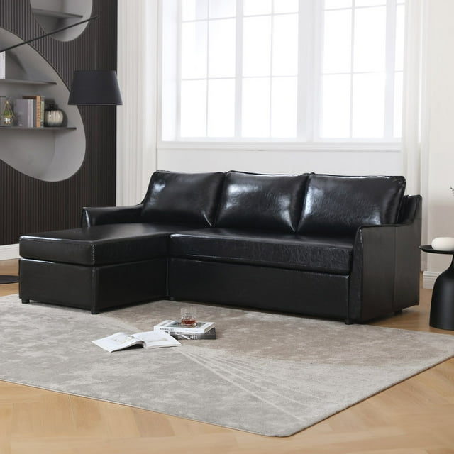 Muumblus 80.7" Modern Mid-Century Faux Leather Reversible Sectional L-Shaped Sofa for Living Room, Brown