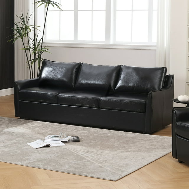 Muumblus 82.7"W Modern Mid-Century Faux Leather 3-Seater Sofa Couch for Living Room, Brown