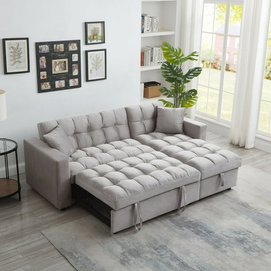 Muumblus 84" Convertible Sleeper Sofa Bed with Storage Chaise, L-Shaped Sectional Sofa, Queen Size Pull Out Sofa Bed in Gray Velvet